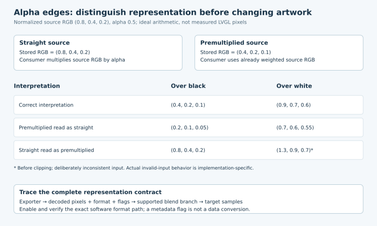 Straight and premultiplied values feed a comparison matrix over black and white; deliberately inconsistent cases show double attenuation and excessive color.