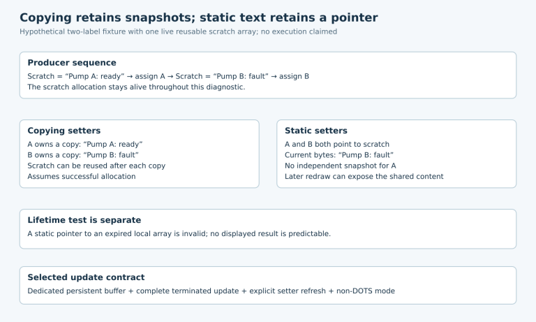 Two copying labels retain different strings while two static labels share one reused scratch array; a separate warning distinguishes expired stack storage from valid aliasing.