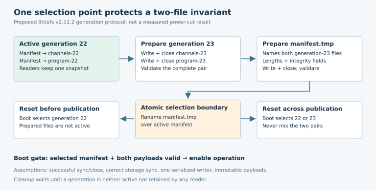 Three preparation steps lead to a single manifest rename; resets before and across publication select a complete old or new pair rather than mixed-generation files.
