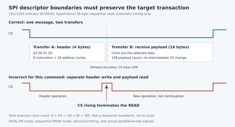 Schematic chip-select traces compare one two-transfer SPI message with separate header and payload operations that incorrectly terminate a 23LC1024 read.