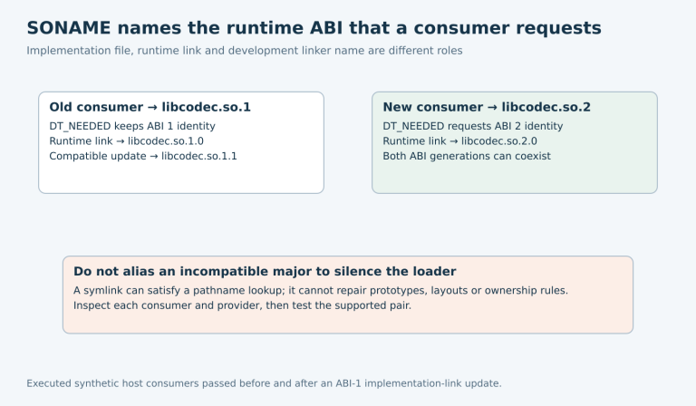Old and new consumers request distinct SONAME majors with separate runtime links; a compatible implementation change stays behind the old major while incompatible ABI aliases are rejected.