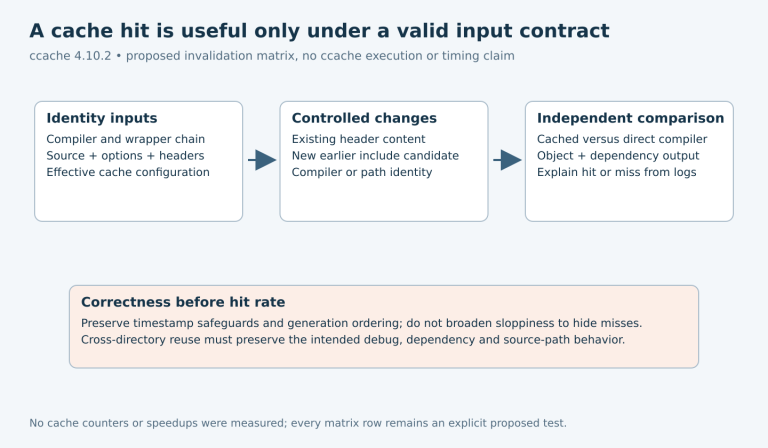 Compiler and source identities feed controlled invalidation cases whose cached results must match direct compilation, with safeguards and path-output checks called out.