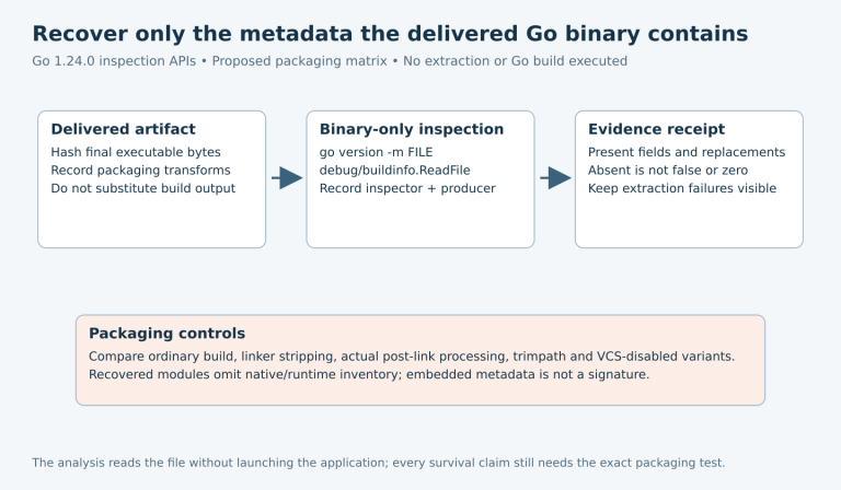 A delivered executable with its hash passes through file-only Go build-info inspection to a receipt distinguishing present fields, replacements, absent fields and parsing failures.