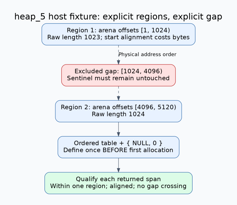 Host fixture uses one region at arena offsets one through 1023 and another at 4096 through 5119, leaves the intervening gap excluded, and defines the ordered table before allocation.