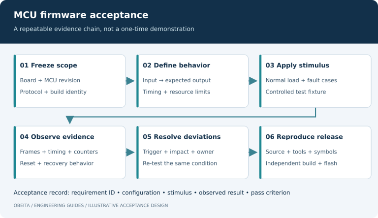 MCU firmware acceptance workflow: scope, behavior, fault stimulus, evidence, corrections and reproducible release