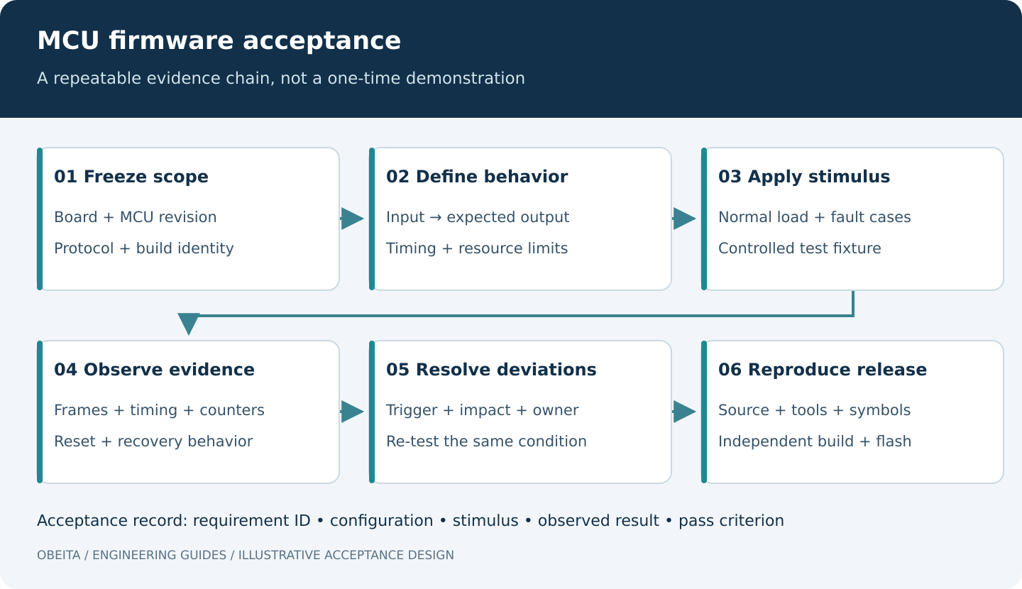 Acceptance evidence chain from a frozen requirement through a controlled stimulus and observed output to a reproducible release.