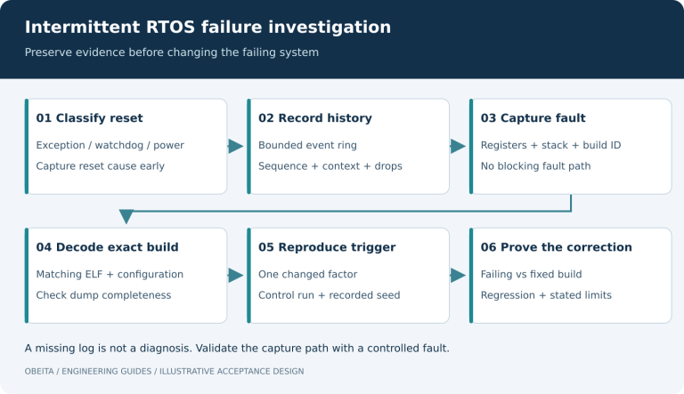 RTOS fault investigation: classify reset, record events, capture fault, decode exact build, reproduce and verify