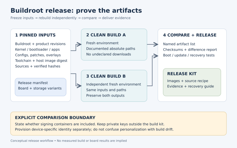 Buildroot release workflow with pinned inputs, two clean builds, artifact comparison and release evidence