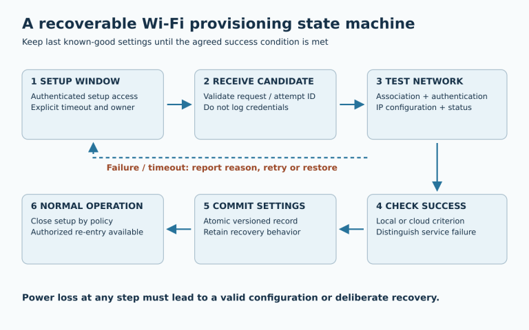 Recoverable Wi-Fi provisioning state machine from authenticated setup through testing, commit and normal operation